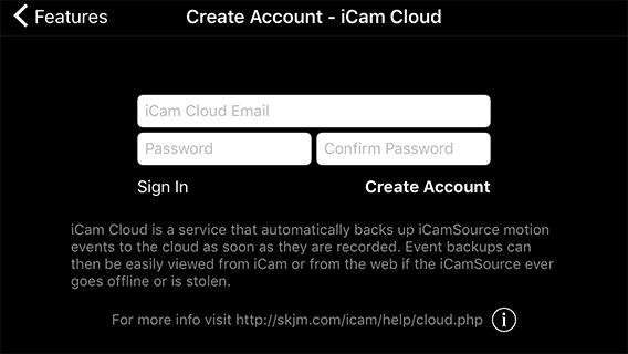 iCam Cloud Create Account Screen