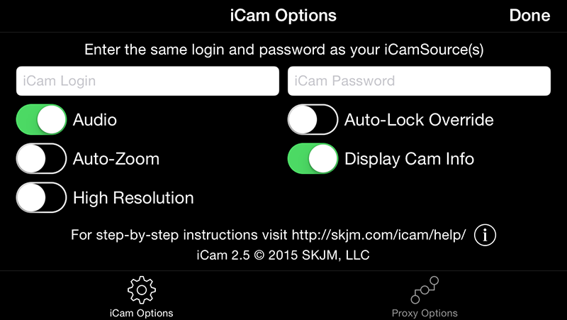 iCam Options Screen