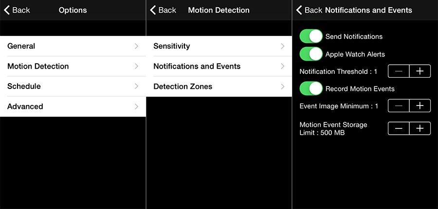 Advanced Motion Detection Settings screen
