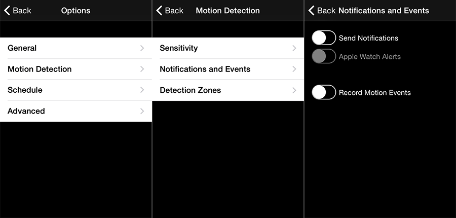 iCamSource Mobile Options, Motion Detection, and Notifications & Events screens