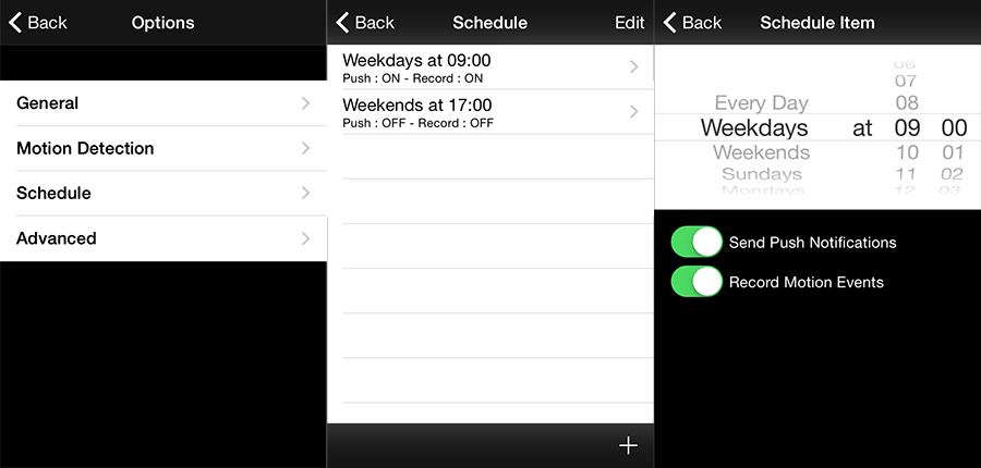 iCamSource Mobile Options, Schedule, and Schedule Item screens