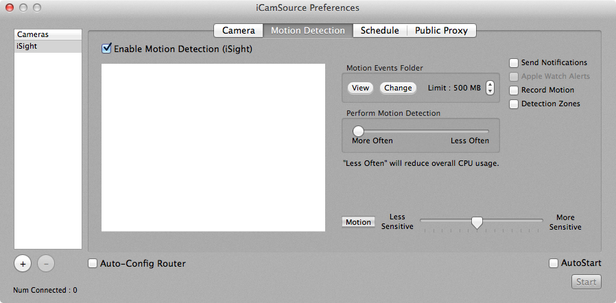iCamSource Preferences Motion Detection screen