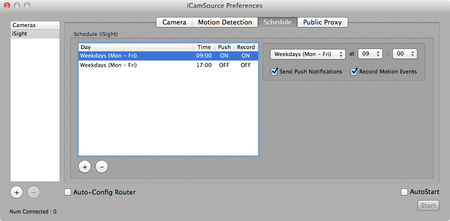iCamSource Preferences Schedule screen
