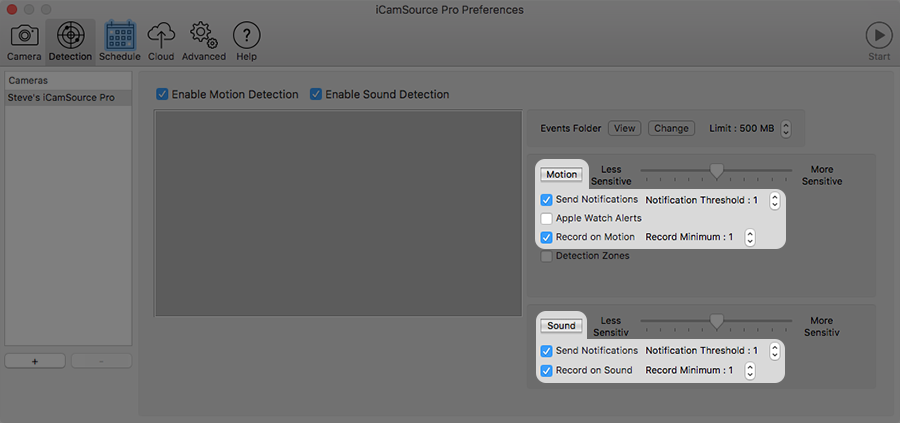 iCamSource Pro Preferences Detection screen showing the Notification Threshold and Record Minimum settings