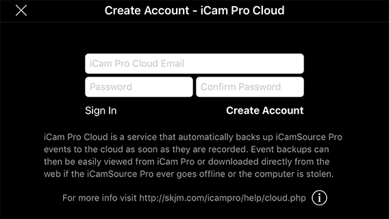 iCam Pro Cloud Create Account Screen