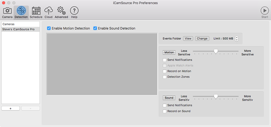 iCamSource Pro Preferences Detection screen