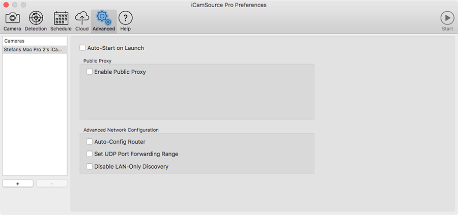 iCam Proxy Options screen