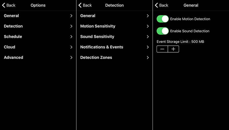 iCamSource Pro Mobile Options, Detection, and Notifications & Events screens