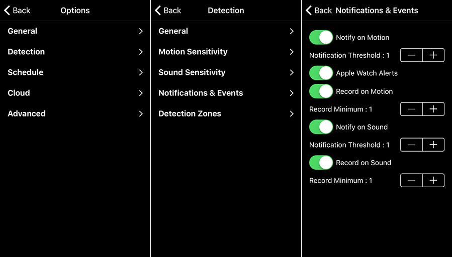 iCamSource Pro Mobile Options, Detection, and Notifications & Events screens showing the Notification Threshold and Record Minimum settings