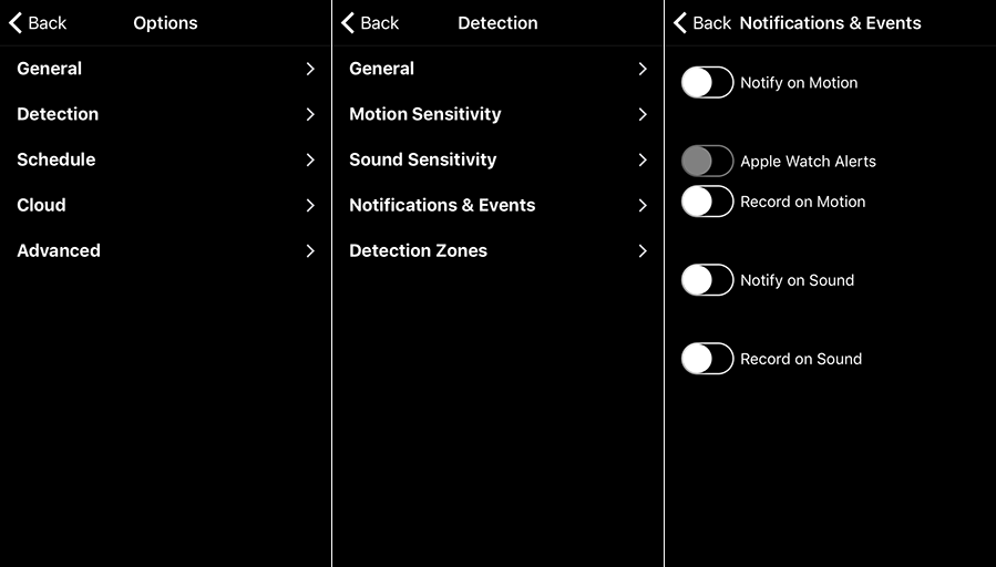 iCamSource Pro Mobile Options, Detection, and Notifications & Events screens