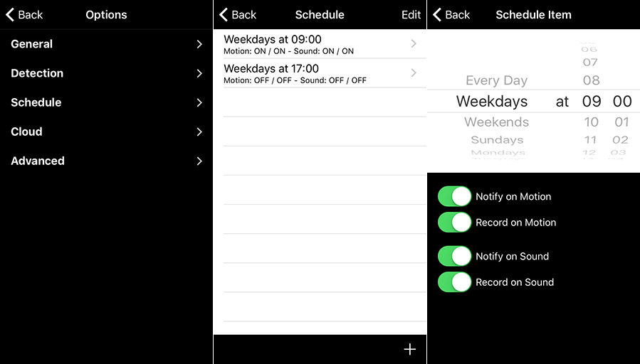 iCamSource Pro Mobile Options, Schedule, and Schedule Item screens
