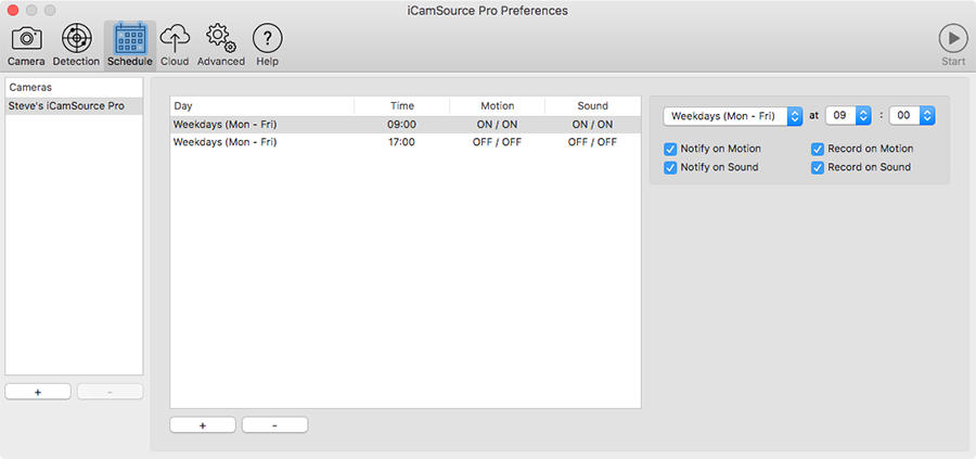 iCamSource Pro Preferences Schedule screen