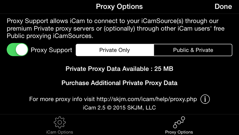 iCam Proxy Options screen