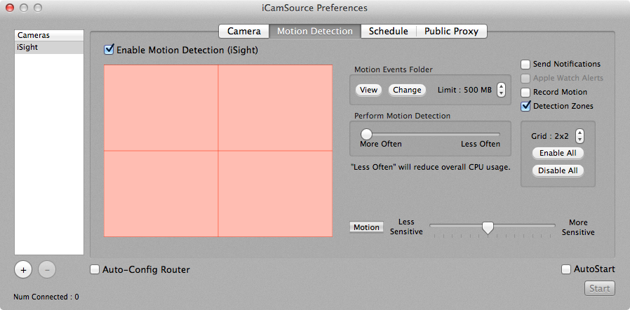 Motion Detection Zones screen