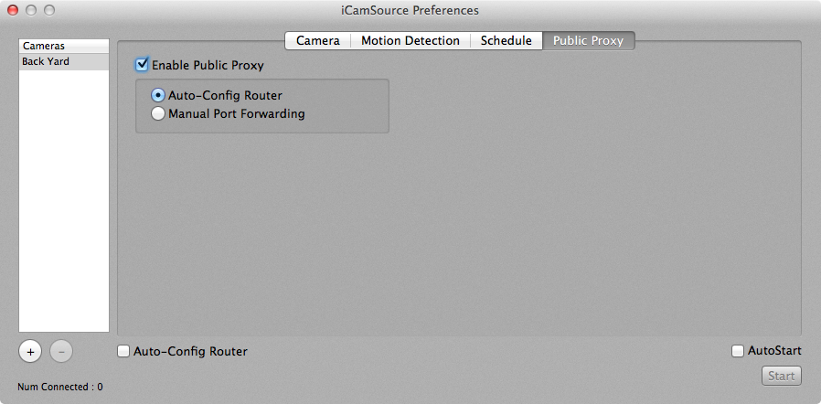iCamSource Preferences Public Proxy screen