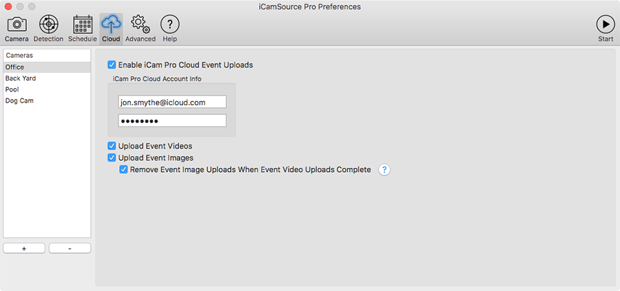 iCamSource Pro Preferences Cloud screen