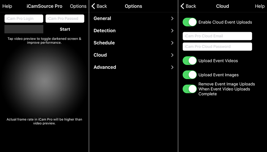 iCamSource Pro Mobile Options and Cloud screens