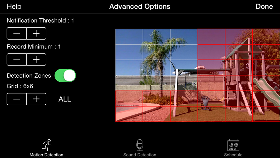 iCam Pro Motion Detection Zones screen