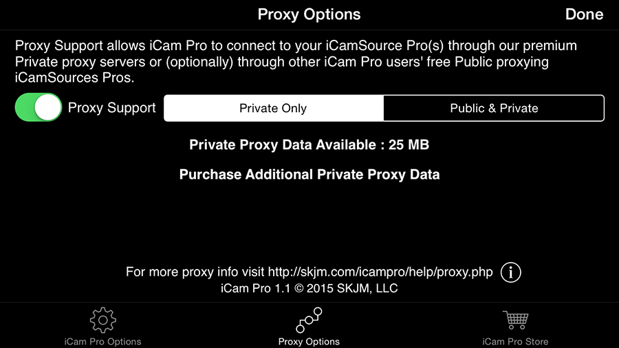 iCam Pro Proxy Options screen