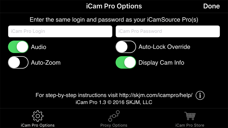 iCam Pro Options Screen