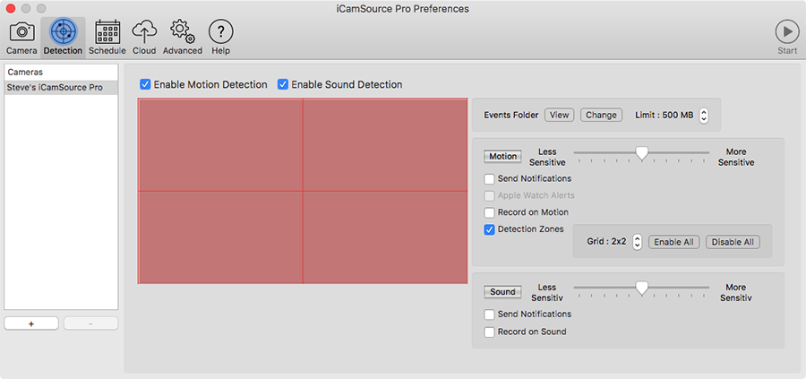 Motion Detection Zones screen