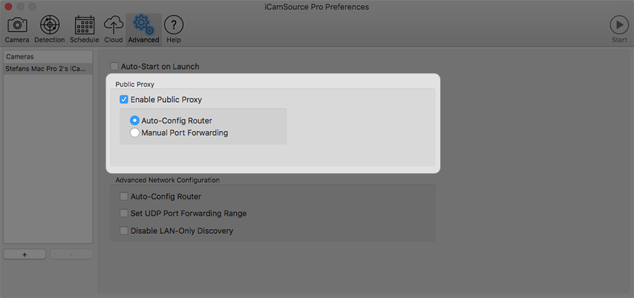 iCamSource Pro Preferences Public Proxy screen